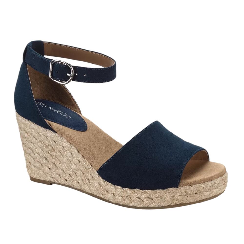 Style & Co. Navy Suede-Look Espadrille Ankle-Strap Wedges